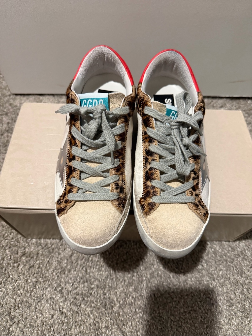Golden Goose Leopard Trim Low-Top Sneakers with Beige & Gray